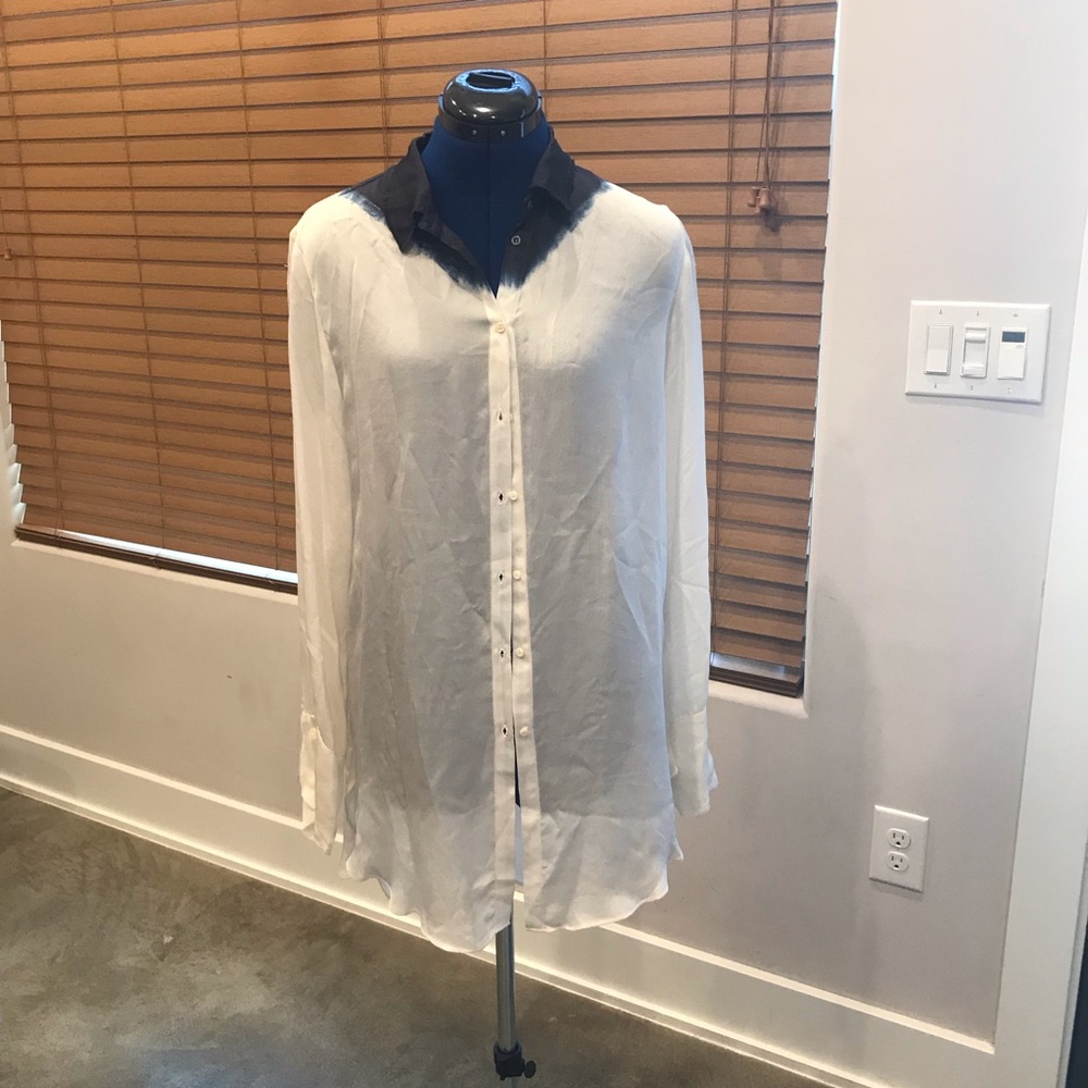 KES blue & cream silk button up shirt w raw edges